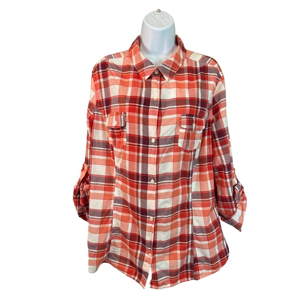 Old Navy XXL Plaid Button-Up Shirt Red Roll Sleeve Western Y2K Workwear